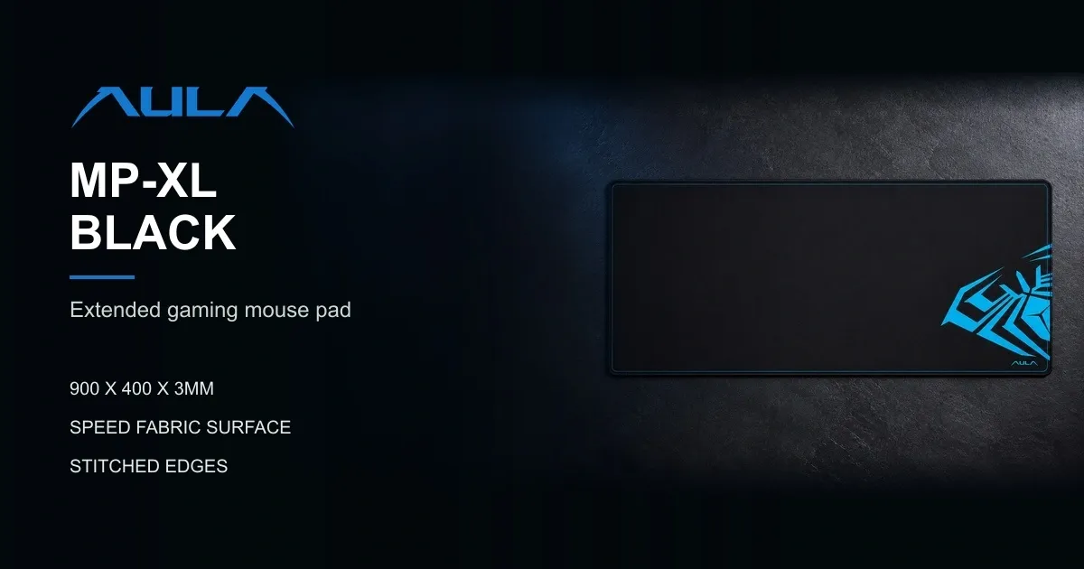 AULA MP-XL extended mouse pad with a black surface and blue geometric artwork