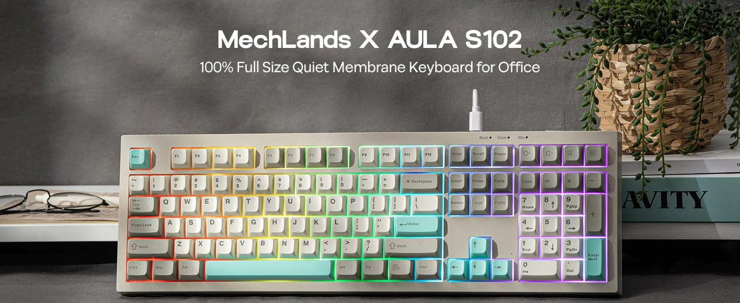 AULA S102 Grey full-size wired membrane keyboard showing RGB backlighting and number pad