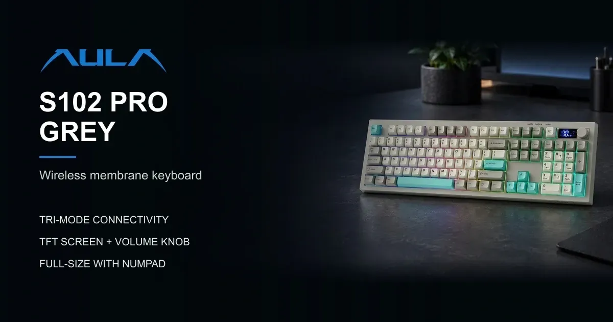 AULA S102 Pro Grey full-size membrane keyboard with TFT display, volume knob and RGB backlighting