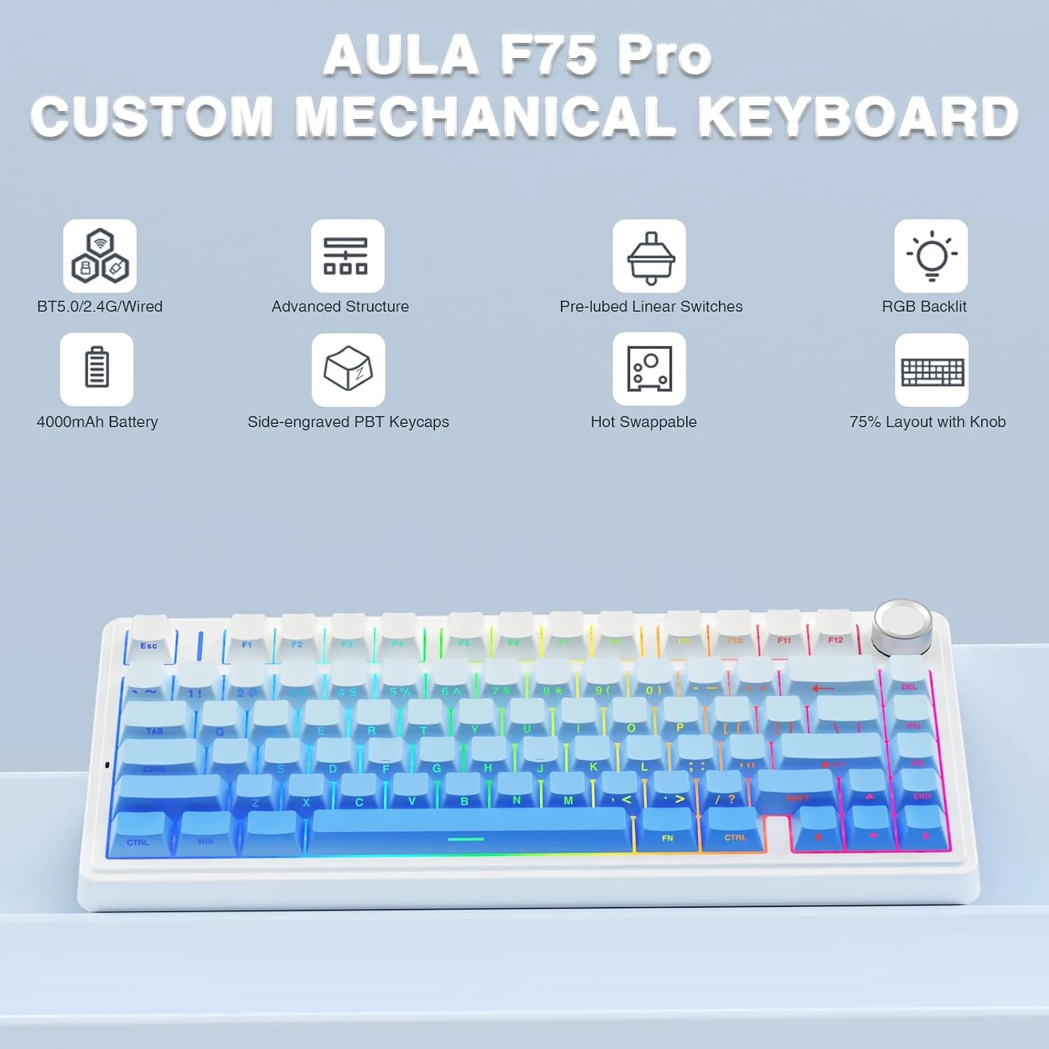 AULA F75 Glacier Blue wireless mechanical gaming keyboard showing its compact layout and control knob