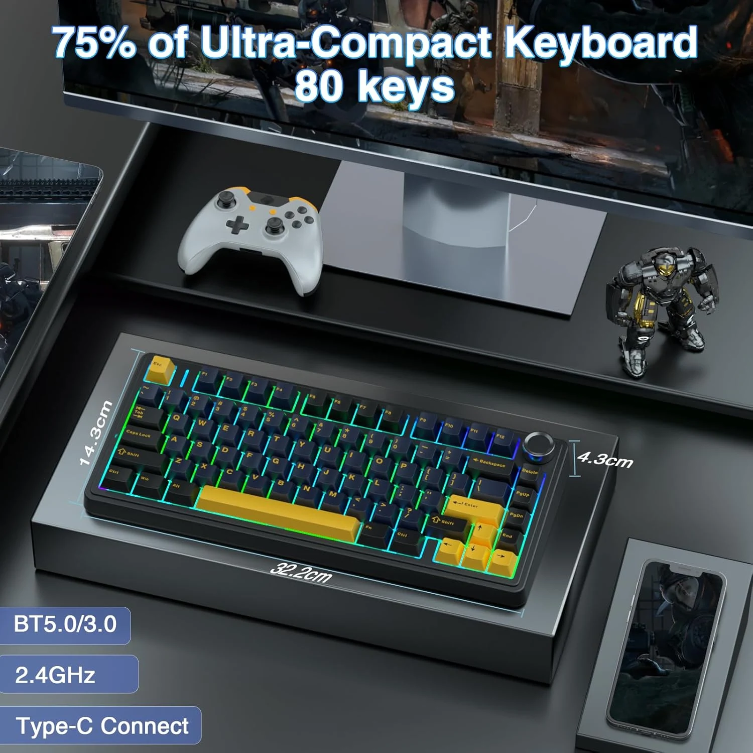 AULA F75 Thunder Black mechanical gaming keyboard with Reaper switches and compact layout