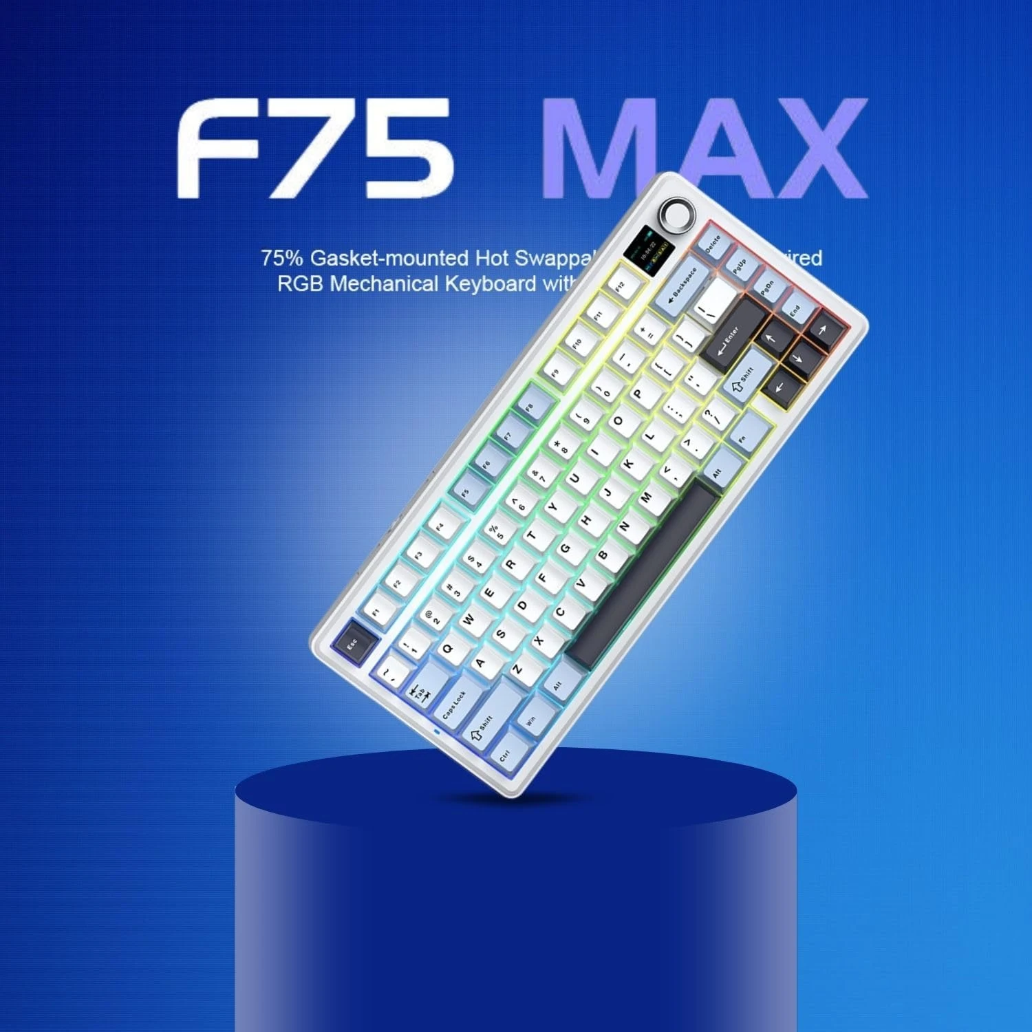 AULA F75 Max Glacier Blue wireless mechanical keyboard with TFT display and metal control knob