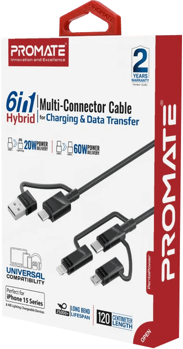 Promate PENTAPOWER 6-in-1 Cable 60W TYPE-A/C to Micro/TYPE-C/Lightning (1.2m)  for sale in Egypt from Games2Egypt