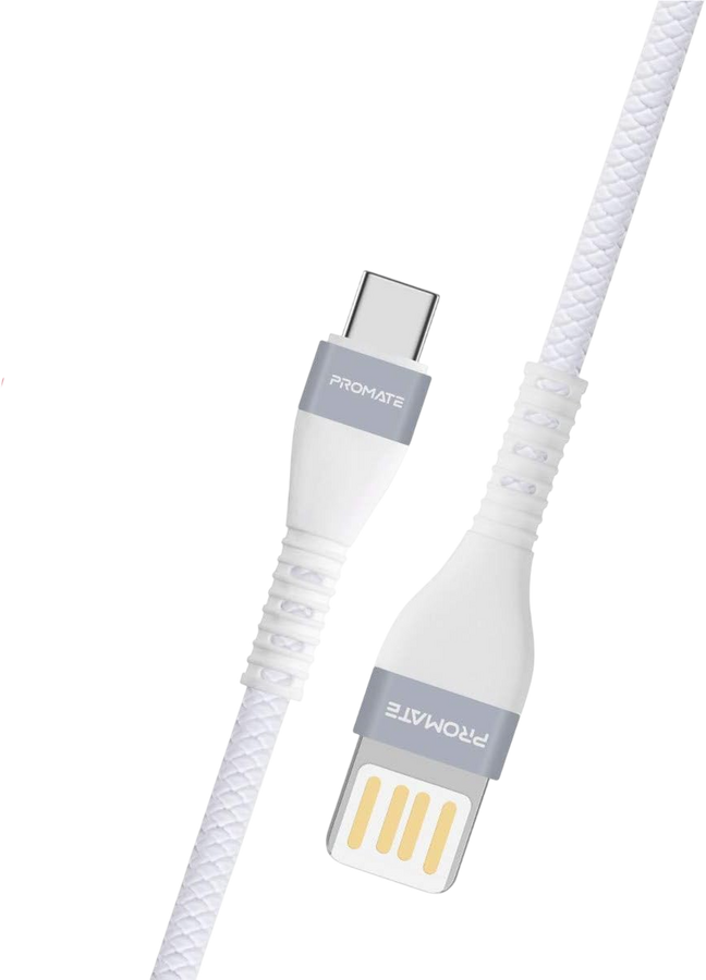 Promate Reversible Cable Zinc Alloy Anti-Break TPE with Braiding Effect - White