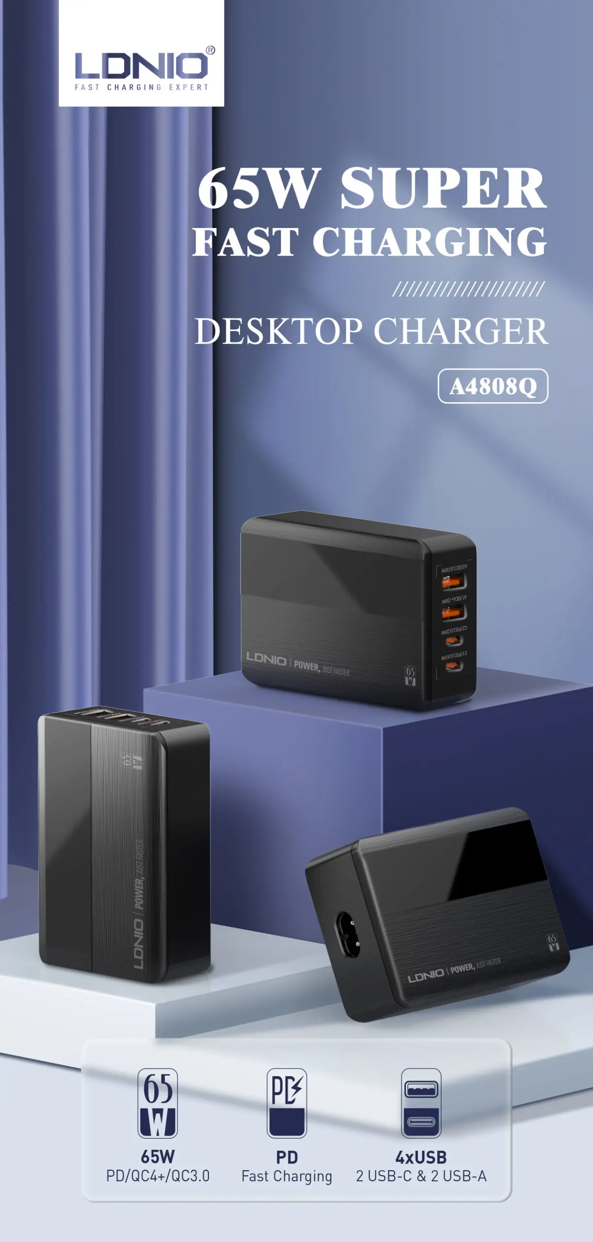 LDNIO A4808Q Fast Desktop charger 4 Ports 65W   for sale in Egypt from Games2Egypt