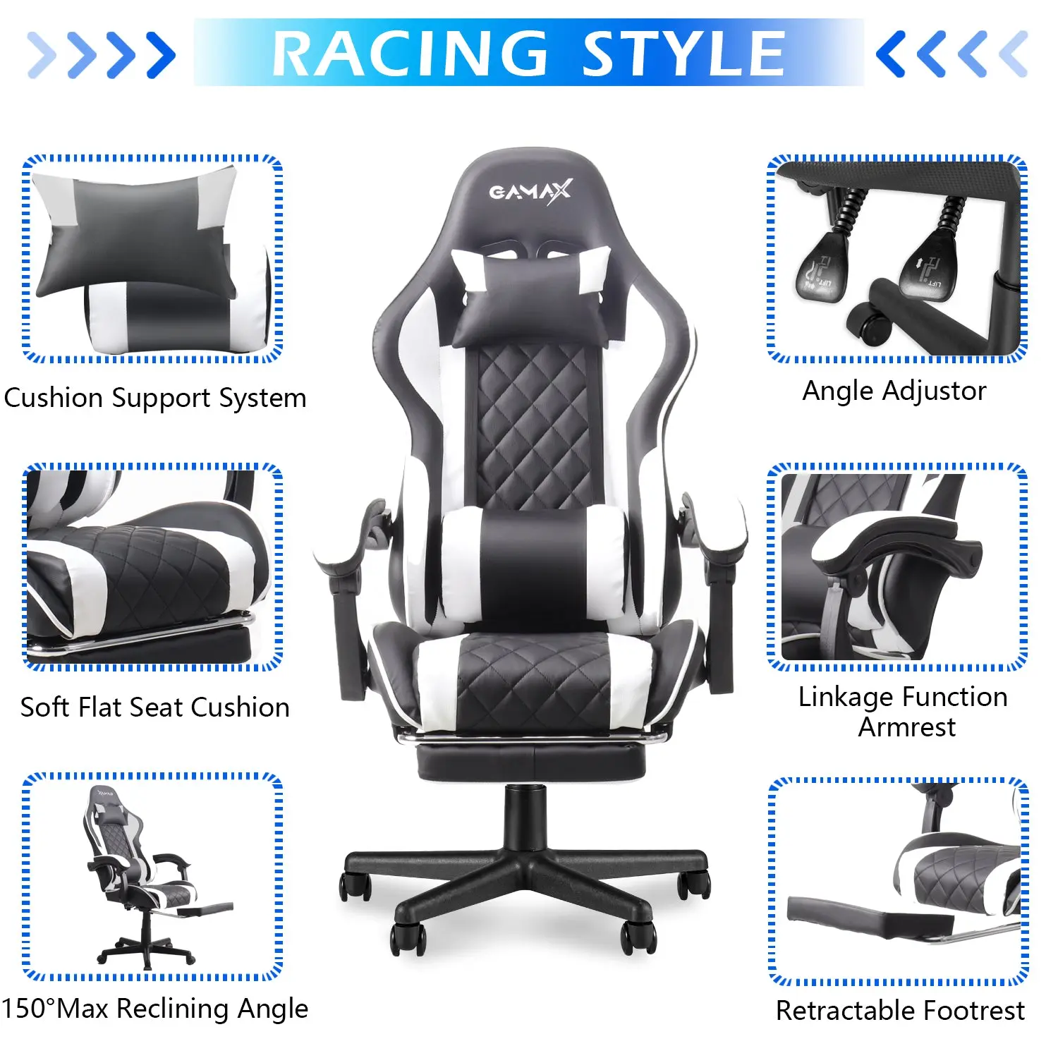 Gamax Gaming Chair 1-LT001L with Linkage Function Armrest & Retactable Footrest   for sale in Egypt from Games2Egypt