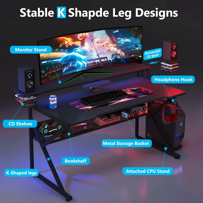  Gaming Desk with Storage Shelf and Monitors Shelf 5*1 - Black  for sale in Egypt from Games2Egypt