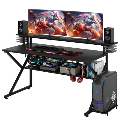 Gaming Desk with Storage Shelf and Monitors Shelf 5*1 - Black