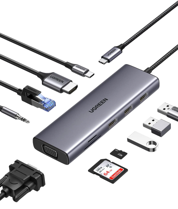 يوجرين CM498 موزّع USB-C عشرة-في-واحد مع 4K HDMI وVGA – رمادي  للبيع في مصر من خلال Games2Egypt