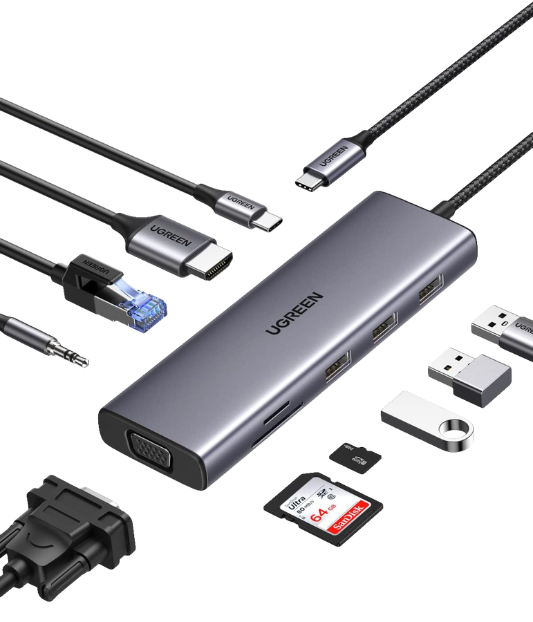 يوجرين CM498 موزّع USB-C عشرة-في-واحد مع 4K HDMI وVGA – رمادي