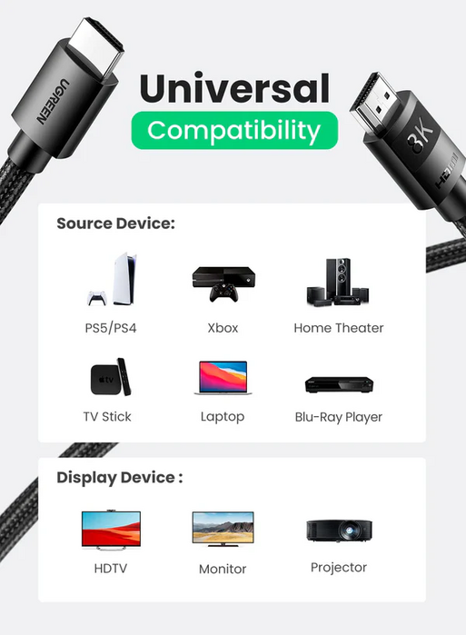 UGREEN HD150 HD 8K@60Hz 4K@120Hz HDMI Cable - Black - 1M  for sale in Egypt from Games2Egypt