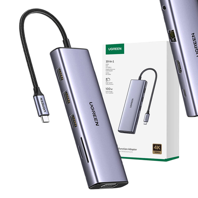 يوجرين CM498 موزّع USB-C عشرة-في-واحد مع 4K HDMI وVGA – رمادي – صورة 2