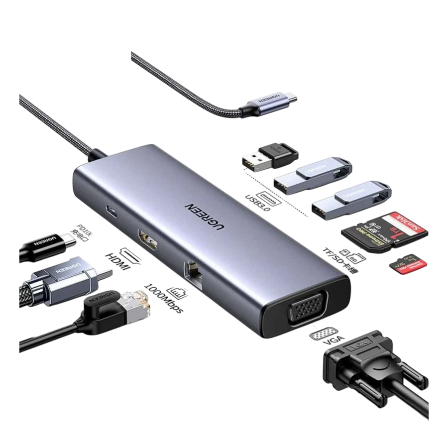 يوجرين CM498 موزّع USB-C عشرة-في-واحد مع 4K HDMI وVGA – رمادي