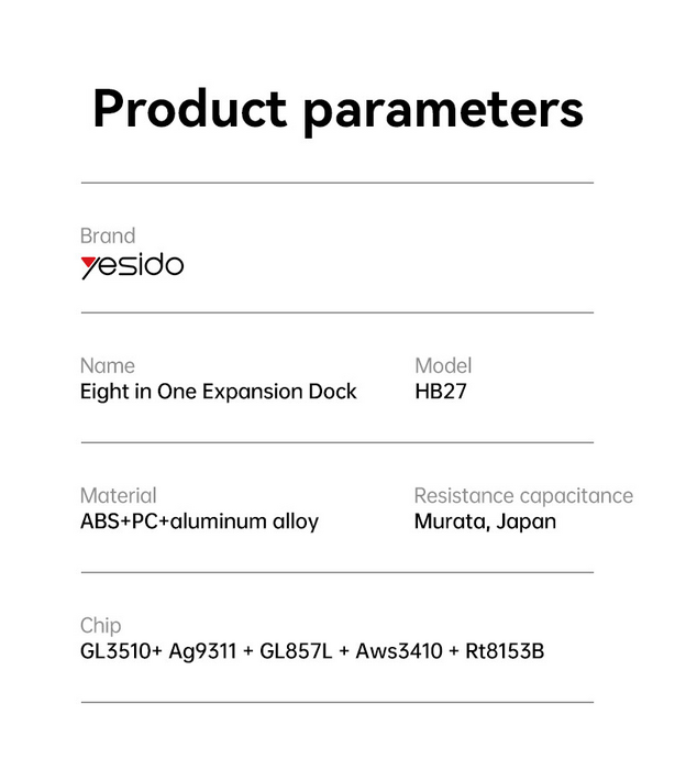 Yesido HB27 8 in 1 Aluminium Dock Hub Adapter Type-C - 100W  for sale in Egypt from Games2Egypt