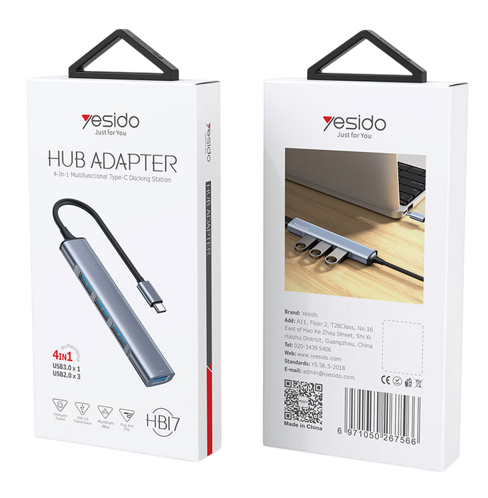 Yesido HB17 4 in 1 Aluminium Dock Type-C to 4-USB-A Hub Adapter  for sale in Egypt from Games2Egypt