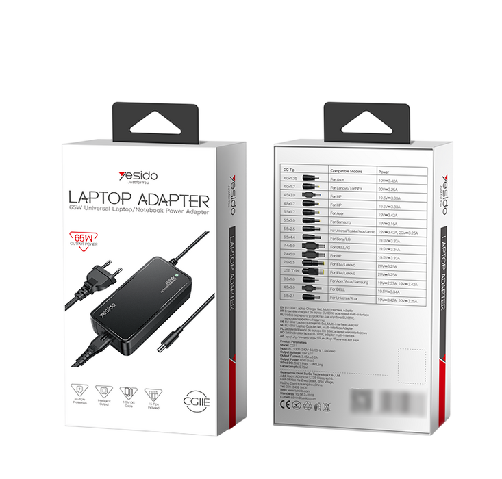Yesido CG11E 65W Smart Charger 15 IN 1 EU Plug Universal Laptop Power Adapter - 1.5M  for sale in Egypt from Games2Egypt
