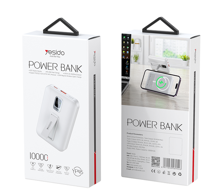 Yesido YP45 10000mah 22.5W Magnetic Wireless Power Bank - White  for sale in Egypt from Games2Egypt