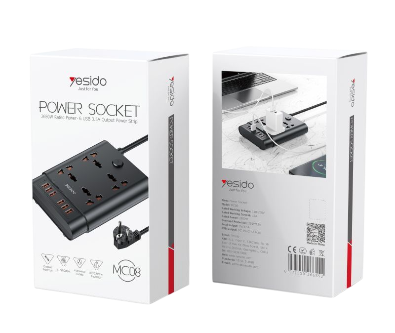 Yesido MC08 2 Meter 10 IN 1 Power Socket - Black  for sale in Egypt from Games2Egypt
