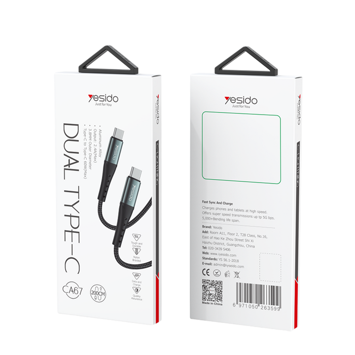 Yesido CA67 PD 60W Fast Charging Type-C to Type-C Braided - 2M  for sale in Egypt from Games2Egypt