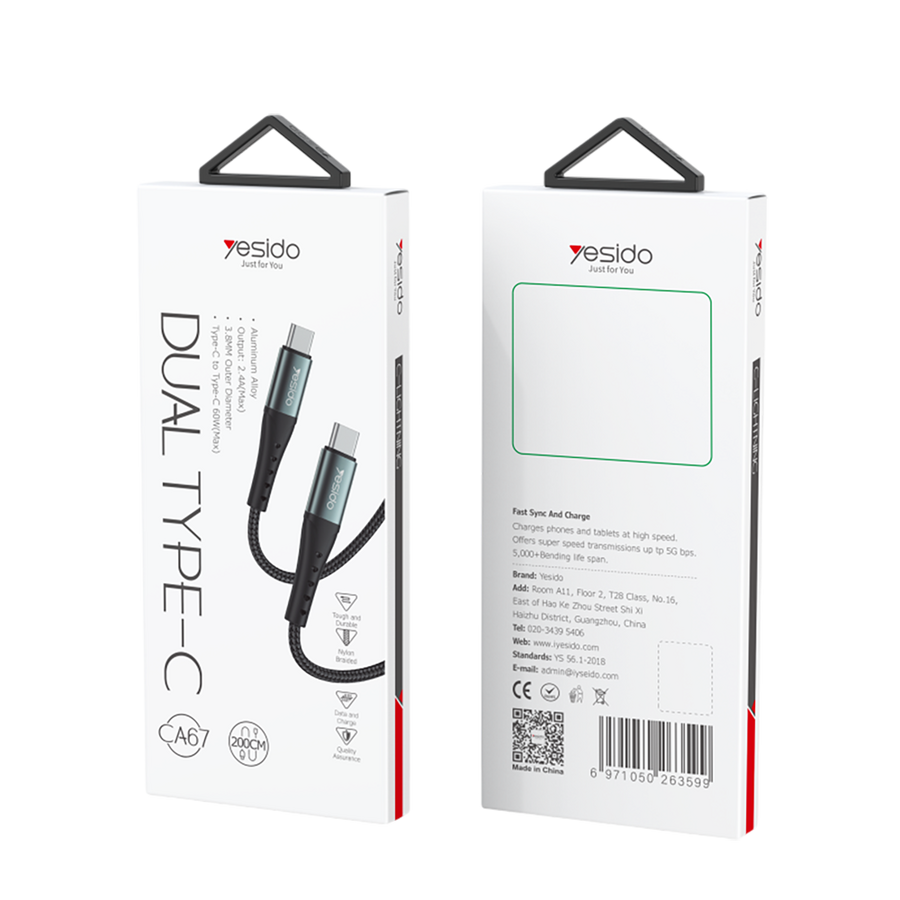 Yesido CA67 PD 60W Fast Charging Type-C to Type-C Braided - 2M – image 2