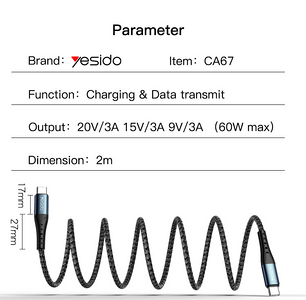 Yesido CA67 PD 60W Fast Charging Type-C to Type-C Braided - 2M  for sale in Egypt from Games2Egypt