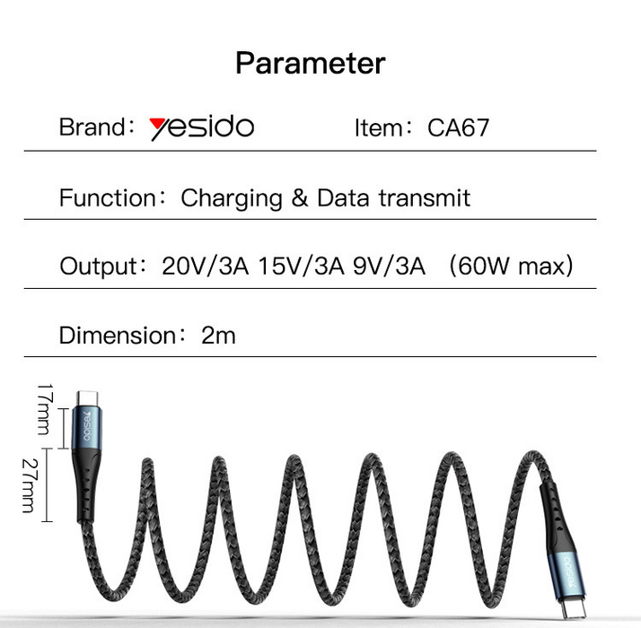 Yesido CA67 PD 60W Fast Charging Type-C to Type-C Braided - 2M  for sale in Egypt from Games2Egypt