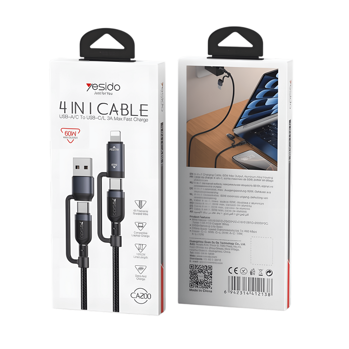 Yesido CA200 60W 4 in 1 Braided Charging Data Cable - 1.2M  for sale in Egypt from Games2Egypt