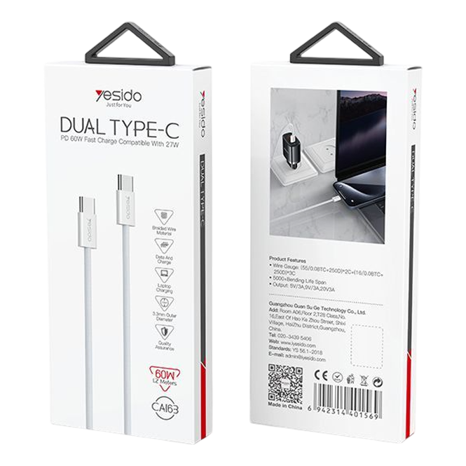 Yesido CA164 Fast Charging Type-C to Type-C Cable, PD 60W - 2M  for sale in Egypt from Games2Egypt