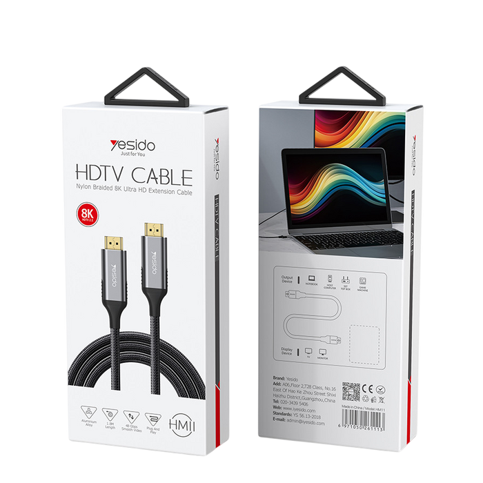 Yesido HM11 Braided HDMI 2.1 8K UHD - 1.8M - Black  for sale in Egypt from Games2Egypt