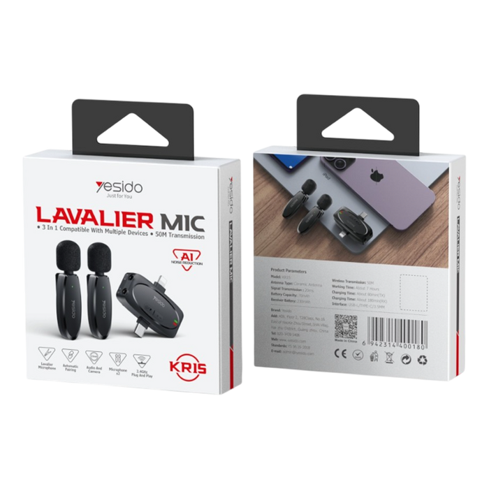 Yesido KR15 Dual Low-latency Wireless Lavalier Microphone 3 in 1 Receiver  for sale in Egypt from Games2Egypt