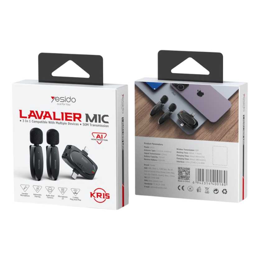 Yesido KR15 Dual Low-latency Wireless Lavalier Microphone 3 in 1 Receiver – image 2