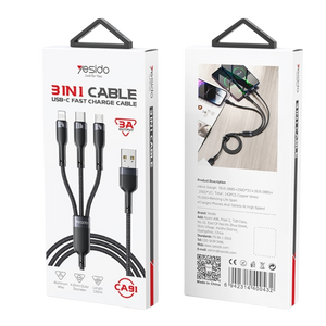 Yesido CA91 3 in 1 Braided Cable Fast Charge 3A - 1.2M - Black  for sale in Egypt from Games2Egypt