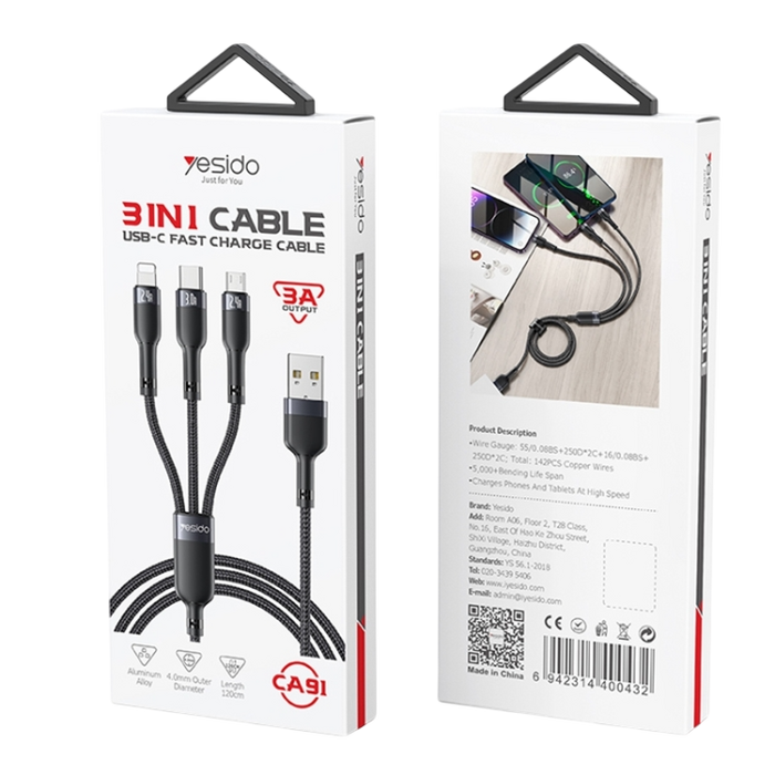 Yesido CA91 3 in 1 Braided Cable Fast Charge 3A - 1.2M - Black  for sale in Egypt from Games2Egypt