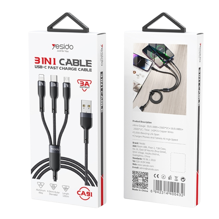 Yesido CA91 3 in 1 Braided Cable Fast Charge 3A - 1.2M - Black – image 2