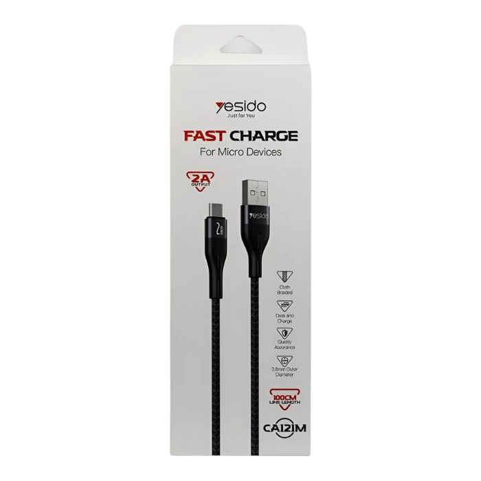 Yesido CA121M Micro to USB-A Braided Cable 2A - 1M - Black  for sale in Egypt from Games2Egypt