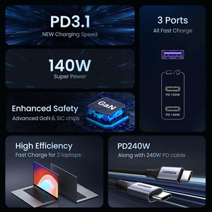 يوجرين CD289 شاحن جان 140W مع كابل يو إس بي-سي 240W بطول 1.5 متر  للبيع في مصر من خلال Games2Egypt
