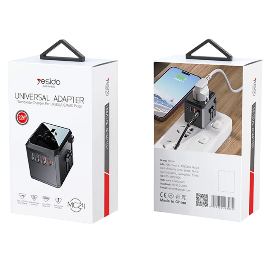 Yesido MC24 20W 3-USB & Type-C Universal Travel Adapter Plug – image 3