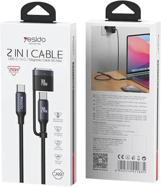 Yesido CA197 240W Fast Charging Type-C To Type-C/Magsafe 3 (Macbook) 2M  for sale in Egypt from Games2Egypt