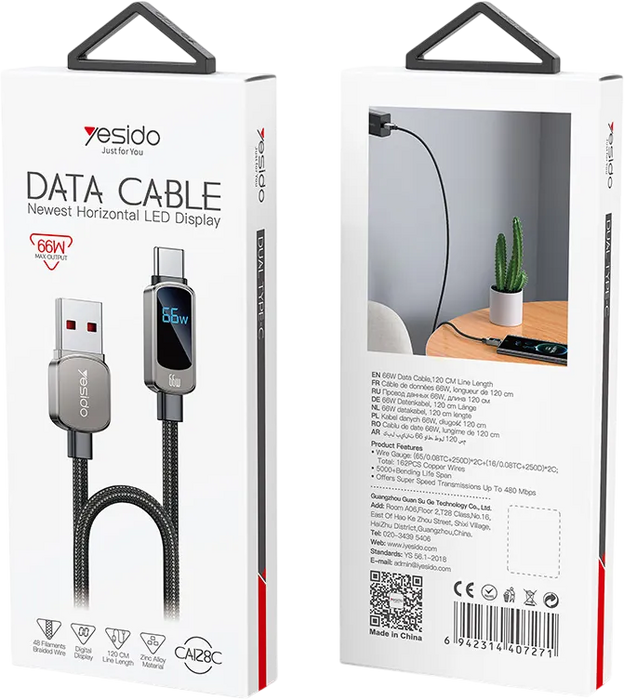 Yesido CA128C 66W USB To Type-C Cable With Power Display 1.2M  for sale in Egypt from Games2Egypt