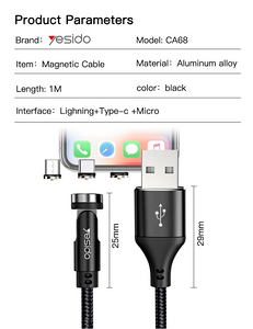 Yesido CA68 180 Rotation Detachable 3 In 1 Magnetic Data Cable 1M  for sale in Egypt from Games2Egypt