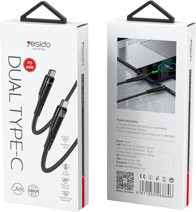 Yesido CA116 60W Type-C To Type-C Braided Data Cable 3M  for sale in Egypt from Games2Egypt