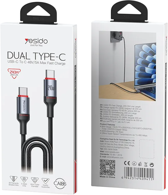 Yesido CA186 240W Type-C To Type-C Braided Data Cable 2M  for sale in Egypt from Games2Egypt