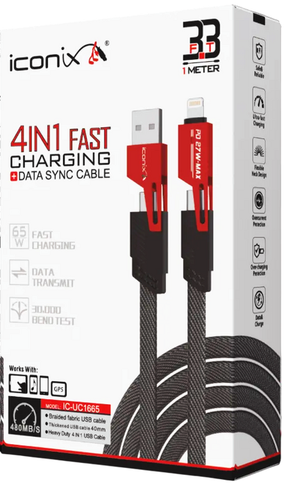 ICONIX IC-UC1665 65W 4-IN-1 Charging & Data Cable 1M - Red  for sale in Egypt from Games2Egypt