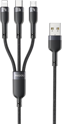 Yesido CA91 3 in 1 Braided Cable Fast Charge 3A - 1.2M - Black