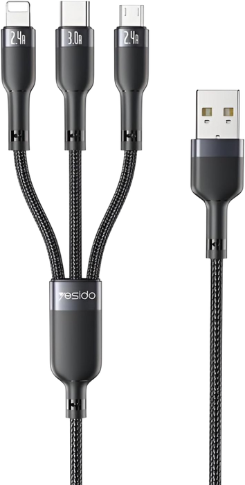 Yesido CA91 3 in 1 Braided Cable Fast Charge 3A - 1.2M - Black  for sale in Egypt from Games2Egypt