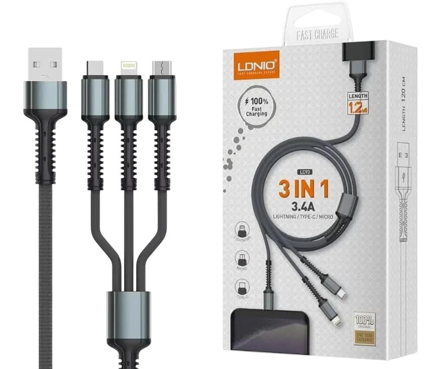 LDNIO LC93 Fast Charging 3in1 Cable 1.2M - Black – image 2