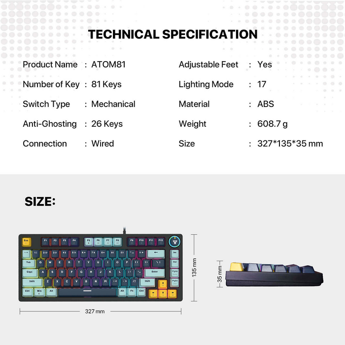Fantech ATOM81 MK875V2 Wired Mechanical Gaming Keyboard Navy - Blue Switch   for sale in Egypt from Games2Egypt