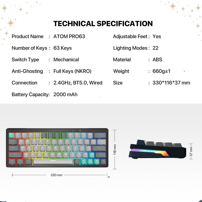 Fantech ATOM PRO63 MK912 Mercury 3-Mode Mechanical Gaming Keyboard Red Switch - Black  for sale in Egypt from Games2Egypt