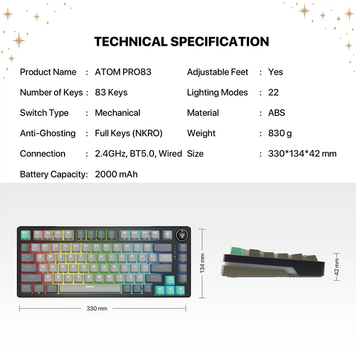 Fantech ATOM PRO83 MK913 Mercury 3-Mode Mechanical Gaming Keyboard Red Switch - Black  for sale in Egypt from Games2Egypt