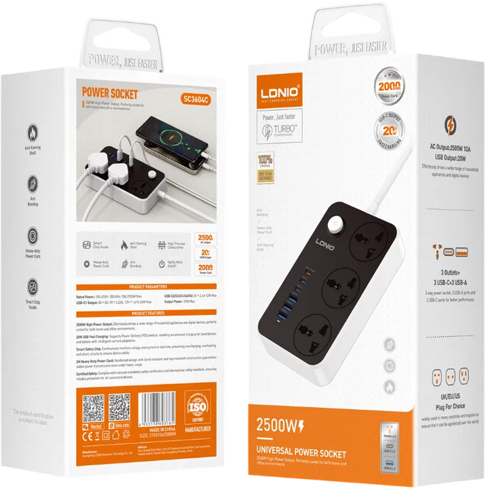 Ldnio SC3604C Universal Power Strip With 3-USB & 3-USB-C Ports - 2M  for sale in Egypt from Games2Egypt